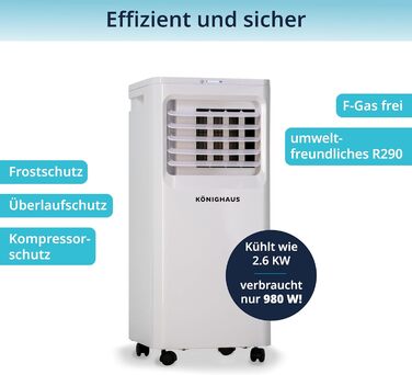 Мобільний кондиціонер Könighaus Smart: охолодження, осушення, вентиляція, очищення повітря | 2.1 кВт (9000 BTU) | з пульт керування, таймер, Sleep-Mode