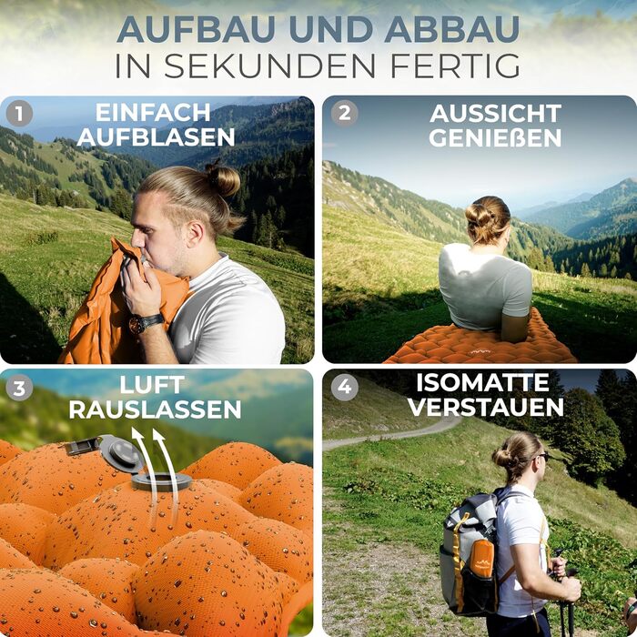 Alpenwert надувний килимок для кемпінгу, ультралегкий, компактний, помаранчевий, ізомат для туризму та подорожей