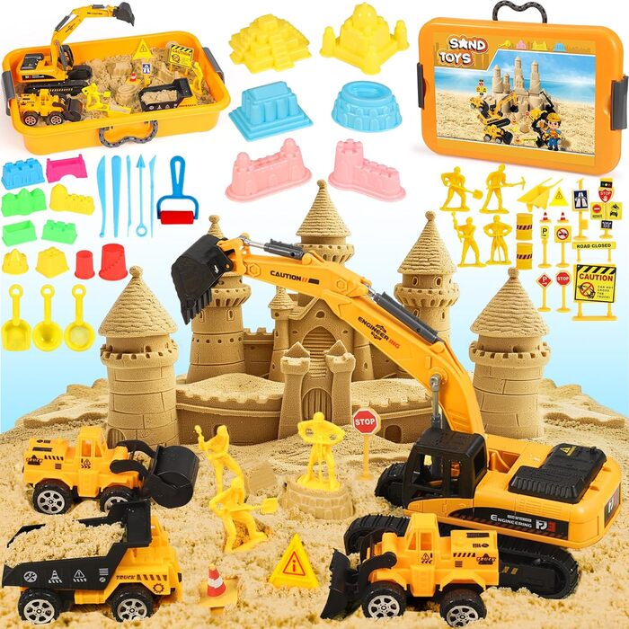 Subtail Magic Sand for Kids - 6 Construction Vehicles | 16 Castle Shapes | 18 Traffic Signs - Kinetic Sand Play Sand, Foldable Sandbox - Gifts for Boys and Girls Ages 3, 4, 5
