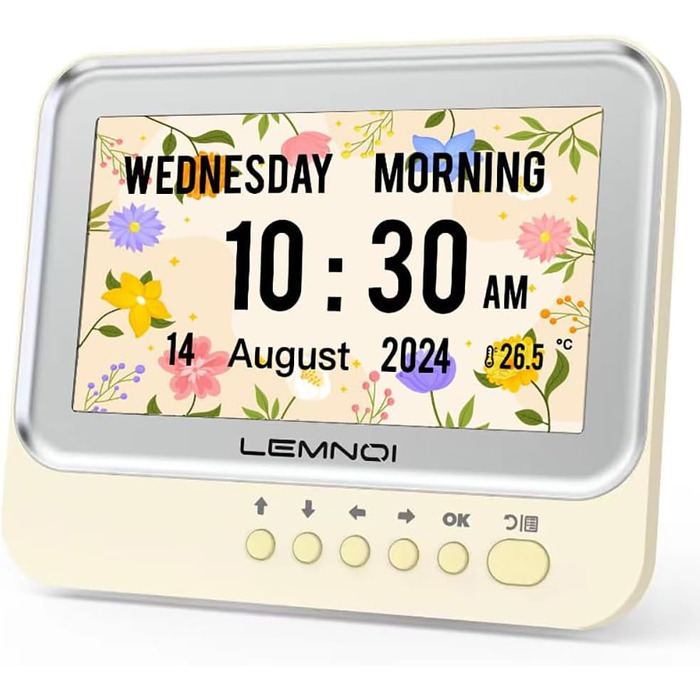 Lemnoi 7-Inch Digital Calendar, Senior Clock with Date and Day of the Week, Wall Clock for Dementia Patients with Temperature, 15 Alarms & Medication Reminder (white)