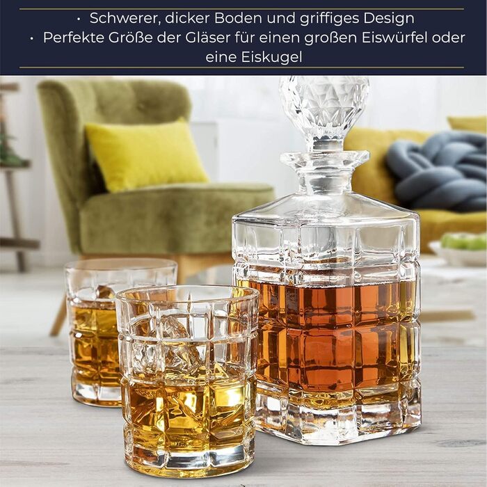 Regal Trunk & Co. Whisky Kristallgläser Set with Decanter - Set of 4 Square-Engraved Tumblers and Carafe - Crystal Whisky Decanter Set for Bourbon and Scotch - Includes Gift Box and Polishing Cloth
