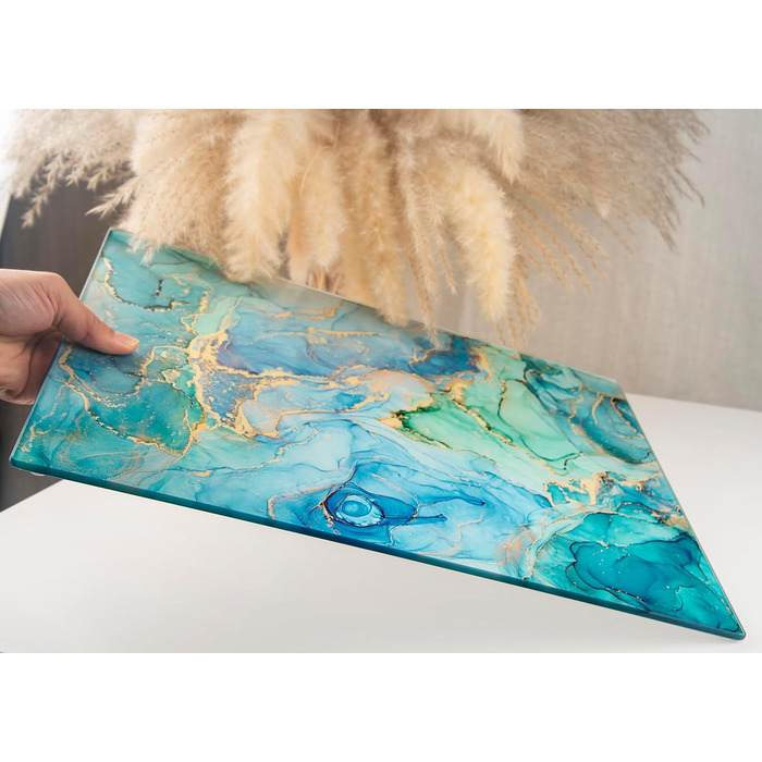 Скляна дошка для нарізання 40x30 см – гігієнічна скляна дошка з термостійкого скла, стійка до подряпин та ковзання – скляна плита для кухні, чорна поверхня під мармур (дизайн 09, 40L x 30B см)