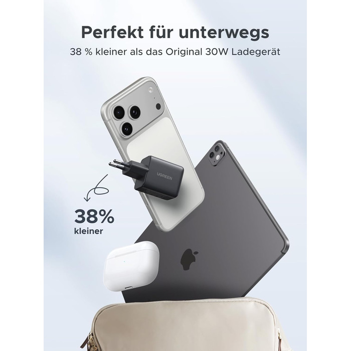 Зарядний пристрій UGREEN 30W USB-C з 3 портами GaN II для iPhone, iPad, Galaxy, Pixel - Швидка зарядка PD