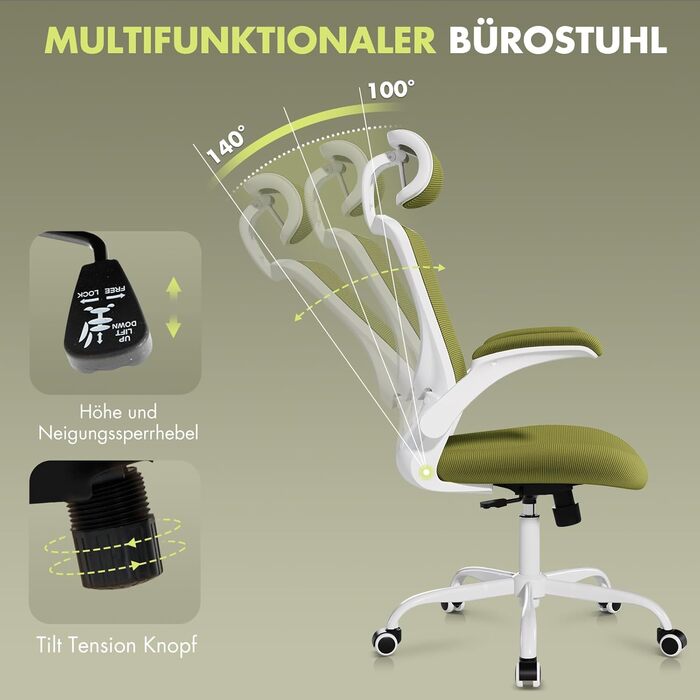 Офісне крісло Colamy з ергономічною підтримкою спини, регульованою підголівником та поперековою підтримкою, поворотне, (Зелений, Classic)