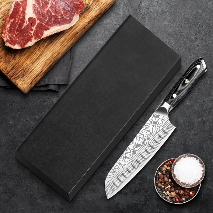 Ніж Santoku Cutiore 7 дюймів: професійний кухонний ніж з нержавіючої сталі EN.4116, з захистом пальців та точилкою в подарунковій коробці