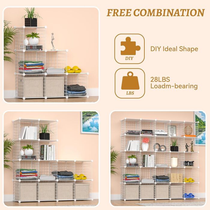 TUMUCUTE Storage Shelf with 9 Cubes, Plastic, Closet, Modular, Bookshelf, Storage Shelves for Bedroom, Living Room, Office, (White Plastic-Iron, 6 Cubes)