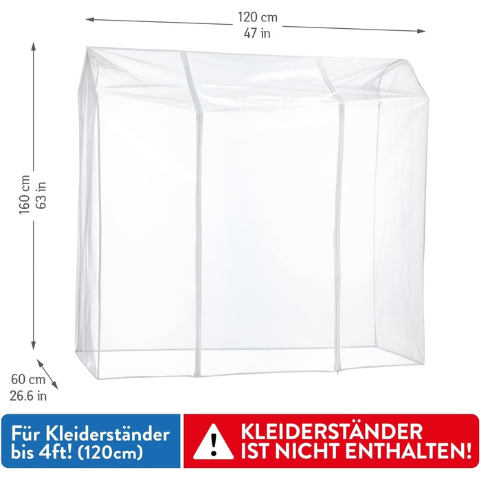 Tatkraft BIG Garment Rack Cover, Clothes Rack Cover, Plastic, Transparent, 2 Zippers, Extra Wide, cm (L120)