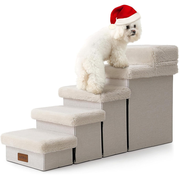 Pet Stairs for Small Dogs with Storage, Folding Dog Stairs for Bed Couch, Dog Stairs Dog Ramp with Non-Slip Bottom, Leak-Proof, Up to 80kg, Steps, (Beige, 5, 33x101x54cm)