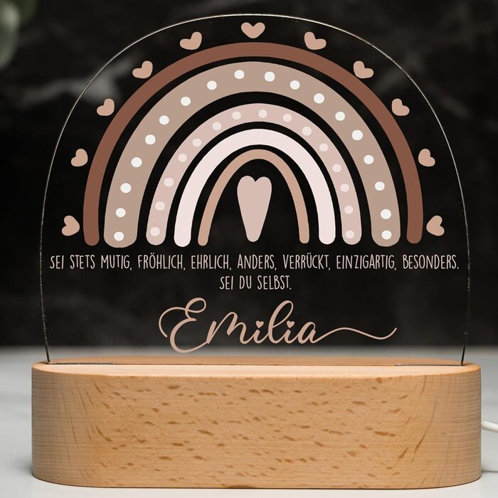 Night light for children with desired name, personalized night lamp dimmable - With cute animal motif as personalized gifts for children for baptism, birth, Easter & baby gifts (rainbow heart brown)