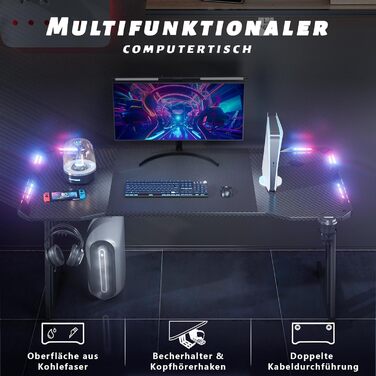 Ігровий стіл HLONONE 140x60 см з LED-підсвіткою, комп'ютерний стіл з вуглецевим покриттям, гачком для навушників і підставкою для напоїв, чорний