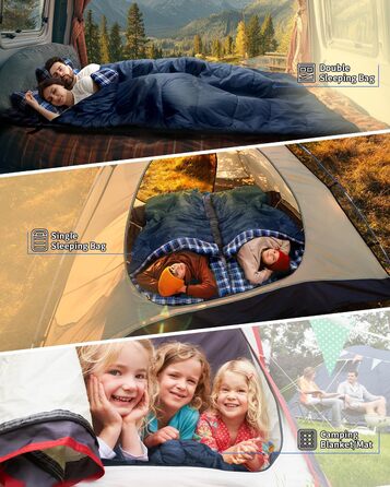 Спальний мішок Outdoor Sportneer для 2 осіб, 3 сезони, 220x150 см, 2.75 кг з 2 подушками (синій)