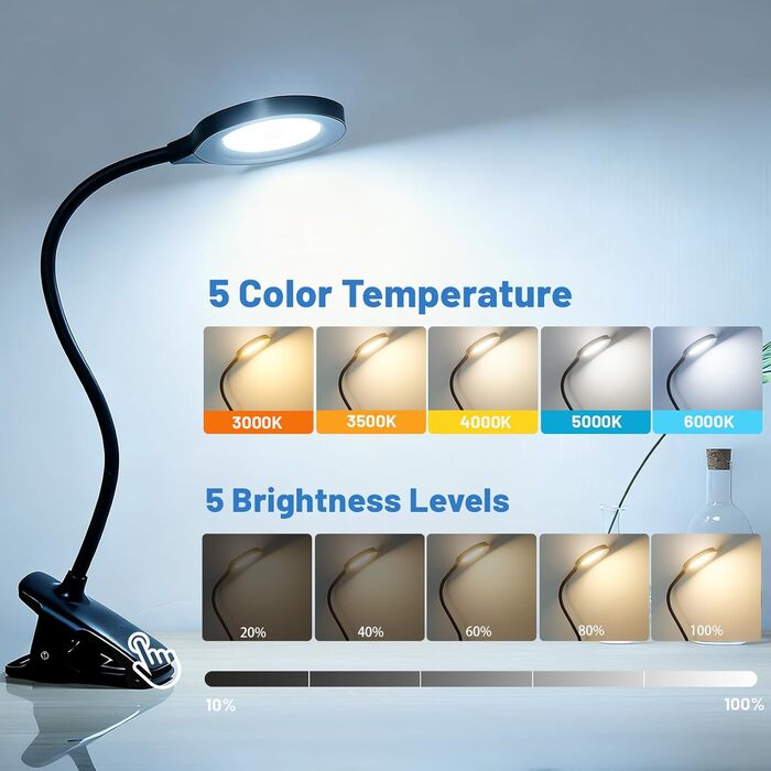 LED лампа для читання Akynite з акумулятором, 5 кольорів та 5 рівнів яскравості, кріпиться на ліжко, дитячий столик, чорна