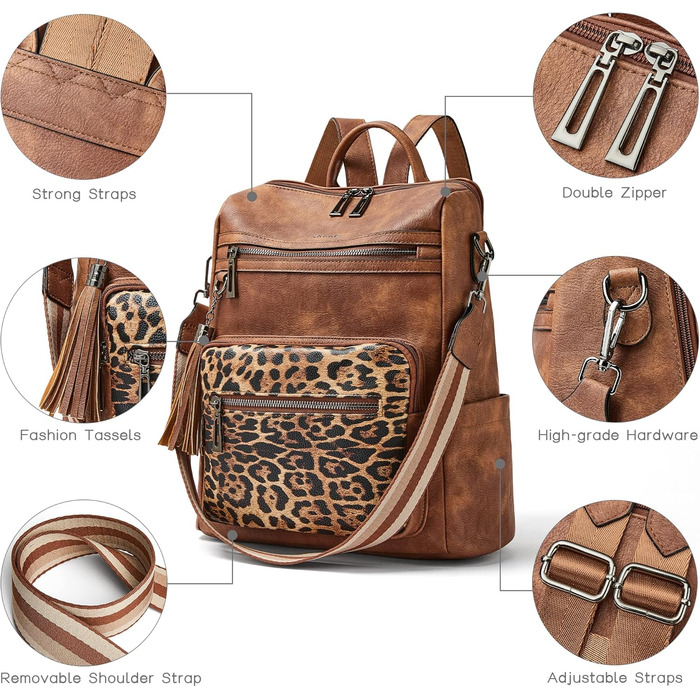 Шкіряний рюкзак-трансформер для жінок Shrrie: стильний рюкзак, сумка через плече, валіза, коричневий та леопардовий