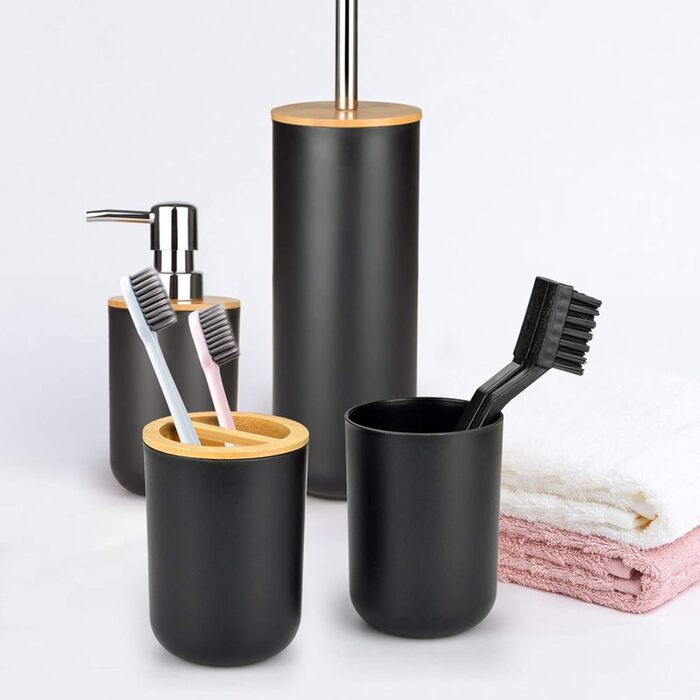 Bathroom Accessories Set - 6Pcs Bathroom Accessories Set made of Bamboo, Lotion Bottles, Toothbrush Holder, Tooth Cup, Soap Dish, Toilet Brush, Trash Can (Set of 6)