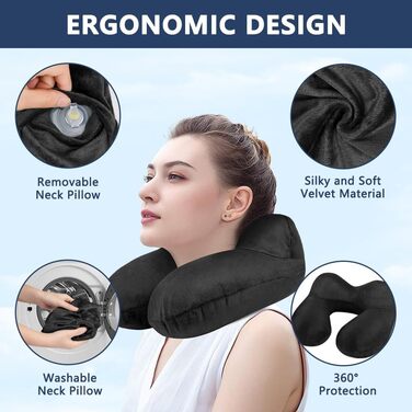 Надувна подушка для шиї Flintronic, ергономічна підголовник з велюровим чохлом, для подорожей та кемпінгу (темно-сірий)