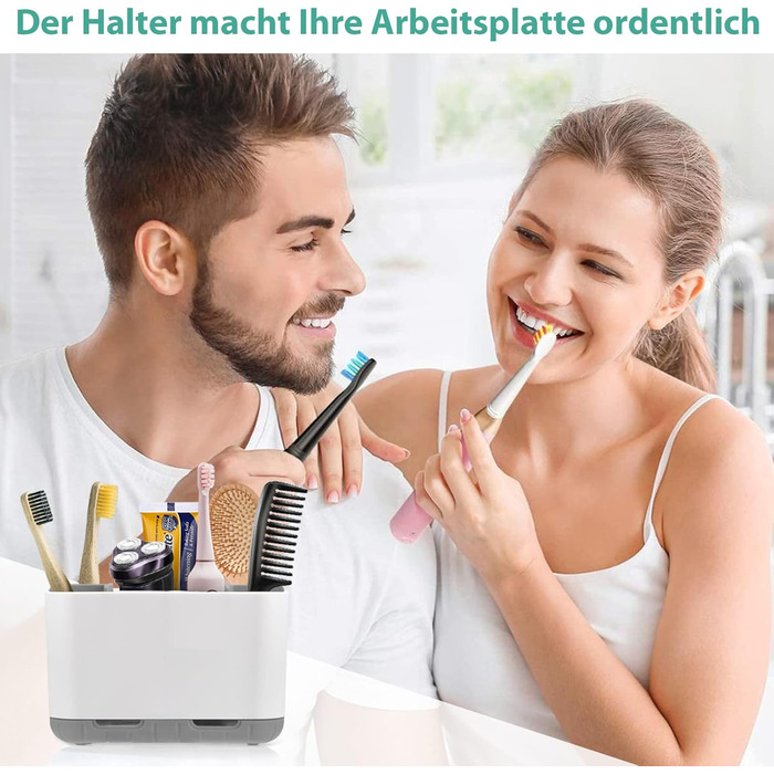 Тримач для електричної зубної щітки сірого кольору. Організатор для ванної кімнати з регульованими перегородками. Підходить для сім'ї та дітей.