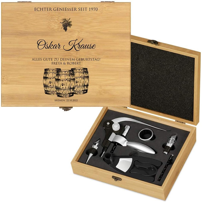Maverton Personalized Wine Opener Set - Sommelier Set - Gift Box with Wooden Box + 6-Piece Wine Accessory Set - Made of Bamboo - Brown - Birthday Gift for Men - (True Connoisseur)