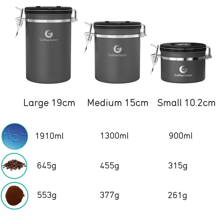 Контейнер для кави Coffee Gator з нержавіючої сталі - зберігає каву свіжою довше. З датою розкриття, CO2-вентилем та мірною ложкою. Маленький, сірий.