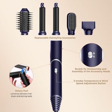 Airstyler 5 в 1: Набір для укладки волосся (фен, круглі щітки, локони, випрямляч), 60 000 обертів, чорний/блакитний