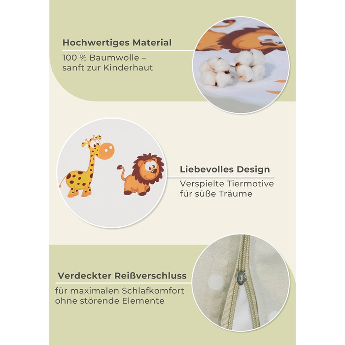 Набір постільної білизни для дітей Gräfenstayn® з тваринами (жирафа, слон, лев) - 100% бавовна (ренфорс) - 135x100 см, 60x40 см