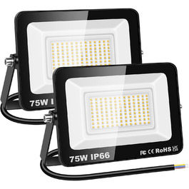 RIGIDON 2x 75W LED Floodlights Outdoor, 7500LM Outdoor Floodlight, 3000K Warm White IP66 Waterproof LED Floodlight Spotlight, Outdoor Lamp for Garden, Courtyards, Garage, Hotel, Sports Field, Workshop