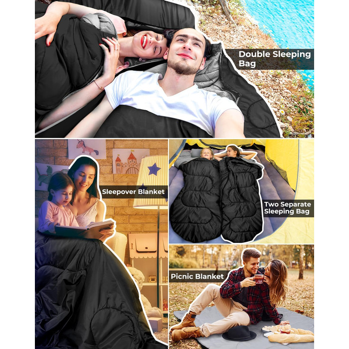 Спальний мішок на дво персони Ohuhu 220x150 см, чорний - для кемпінгу, подорожей, сім'ї та фестивалів