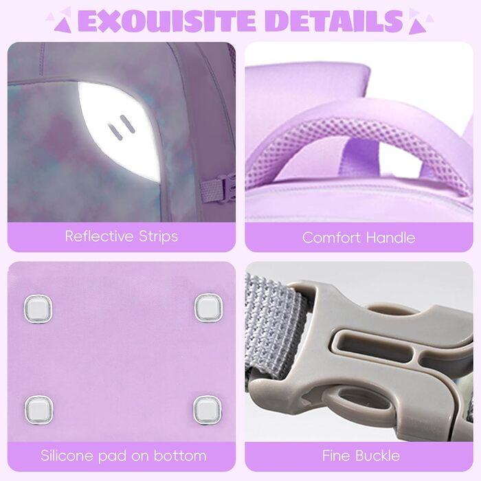 Шкільний рюкзак для підлітків 46L, рюкзак для школи, гімназії, старшої школи з нагрудним ременем, світловідбиваючими елементами, відділенням для 17.3' ноутбука, міцний, повсякденний, фіолетовий - 5255