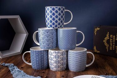 Set of 6 coffee cups with black and white geometric pattern, ceramic tea cup set of 6 (black cup set) (Blue)