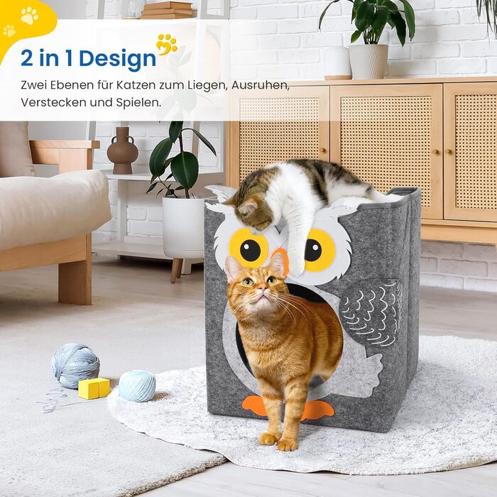 Кігтеточка-будиночок для котів Dripex з 2 поверхів, філц, з подушкою, 30 x 35 x 35 см (Сова)