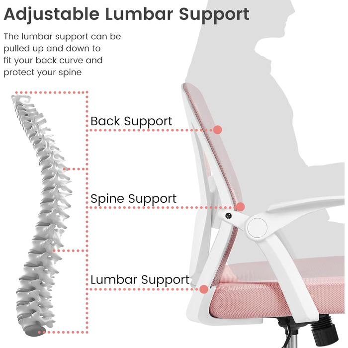 Офісне крісло Yaheetech з підйомними підлокітниками, сітчасте, ергономічне, з підтримкою попереку, функцією гойдання та регулюванням висоти (Рожеве)