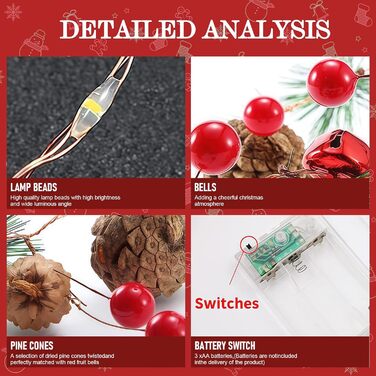 LED гірлянда на ялинку з шишками та червоними ягодами, 2м, 20 LED, тепле біле світло, режим блимання, для прикрашання дому та саду