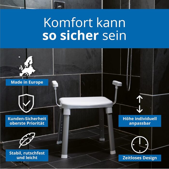 Weinberger Bath Stool Shower Seat with Backrest | Anti-Slip | Supports up to 150 kg | Modern Bathroom Aid for Seniors | Height Adjustable | Model 43906 | White (Bath Stool with Armrests)
