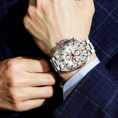 Годинник чоловічий OFF-CUP: аналоговий кварцовий хронограф з водонепроникним браслетом з нержавіючої сталі, з датою. Модний годинник для повсякденного та ділового стилю, класичний елегантний подарунок (рожево-золотий/білий)