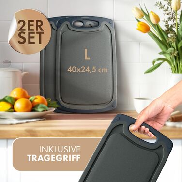 Набір дерев'яних обробних дощок Blumtal (S/M/L) - 2 шт. з канавками для соку та ручкою - Кухонна дошка BPA free, придатна для миття в посудомийній машині (Сірий)