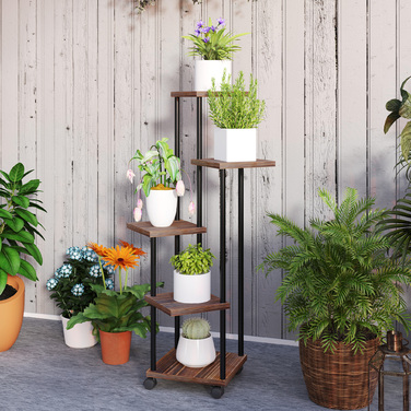 Outsunny 5-Tier Plant Stand with Wheels, Flower Stand for Indoor Outdoor, Steel and Wood Plant Shelf, Multi-Level Flower Shelf, 110cm High Flower Ladder for Living Room, Garden Balcony Decor, Charcoal | Aosom