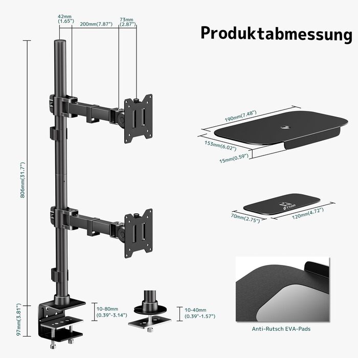 Кронштейн для двох моніторів один над одним, регульований стійка Dual-Arm для плоских та вигнутих екранів 17-49 дюймів, до 20 кг на руку, VESA 75/100 мм, чорний (подовжений варіант)