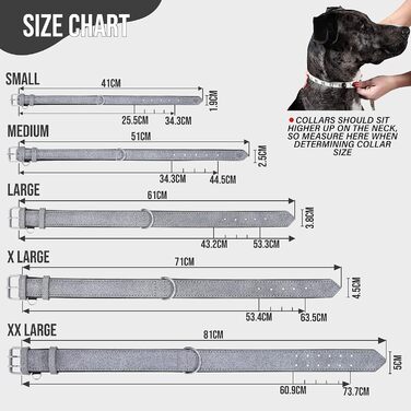 Riparo Genuine Leather Adjustable Dog Collar with Additional Reinforcement (: 4.5CM Wide for 53.4CM - 63.5CM Neck, ) (XL, Grey/White Thread)