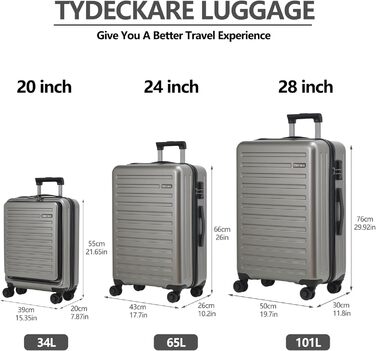 Набір валіз TydeCkare 20/28' (55/66/76 см): 20' ручна валіза з кишенею для ноутбука, 28' велика валіза 101л, ABS+PC, з TSA замком, помаранчевий (темно-сірий), 3 шт.