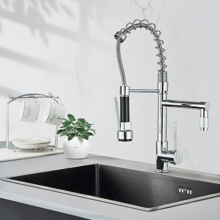 Кухонний змішувач з гнучким виливом, 360° поворот, 2 виходи, високий вилив, душова лійка, для мийки, брашований нікель