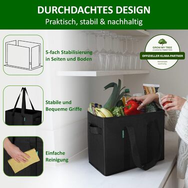 Large Foldable Shopping Bags 3-Pack & Fruit Net – Sturdy Large Foldable Shopping Basket with Reinforced Bottom – Ideal Shopping Bag for Shopping Carts & Trunk – 80 L Black
