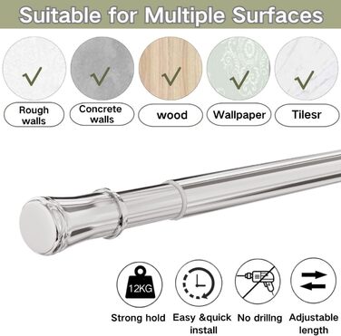Штанга для душу без свердління та кріплення, телескопічна, 85-180 см, срібна. Підходить для шафи, душової кабіни та DIY-проектів