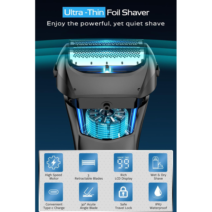 Електрична бритва чоловіча з 3 гнучкими лезами та чохлом для подорожей, тример для точного гоління, вологостійка/суха, 120 хв роботи, акумуляторна, подарунок для чоловіків, чорна