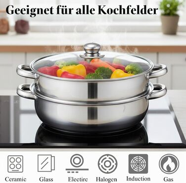 Двоярусна пароварка зі сталі ZENFUN з кришкою, універсальна каструля-пароварка для овочів та dumplings, 27.9 см, потовщена сталь