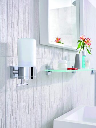 tesa DELUXXE Soap Dispenser Set, Frosted Glass and Chrome-Plated Metal - Wall-Mountable Liquid Soap Dispenser without Drilling, incl. Adhesive Solution - 73mm x 192mm x 115mm