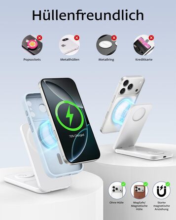Магнітна зарядна станція 3-в-1 для Apple Watch та iPhone (17/16/15/14/13/12) + AirPods (4/3/2/Pro) - сумісна з MagSafe, біла