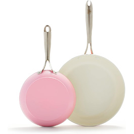 Набір сковорідок GreenLife Artisan, керамічне покриття, антипригарні, 20.3 см та 25.4 см, з нержавіючої сталі, без PFAS, придатні для миття в посудомийній машині, жаростійкі, рожеві
