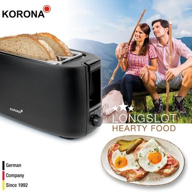 Тостер Korona 21060 на 4 скибки, довгий слот, регулювання ступеня підсмажування, розморожування, підігрів, 1400 Вт, підставка для булочок, піддон для крихт, центрування хліба, чорний матовий