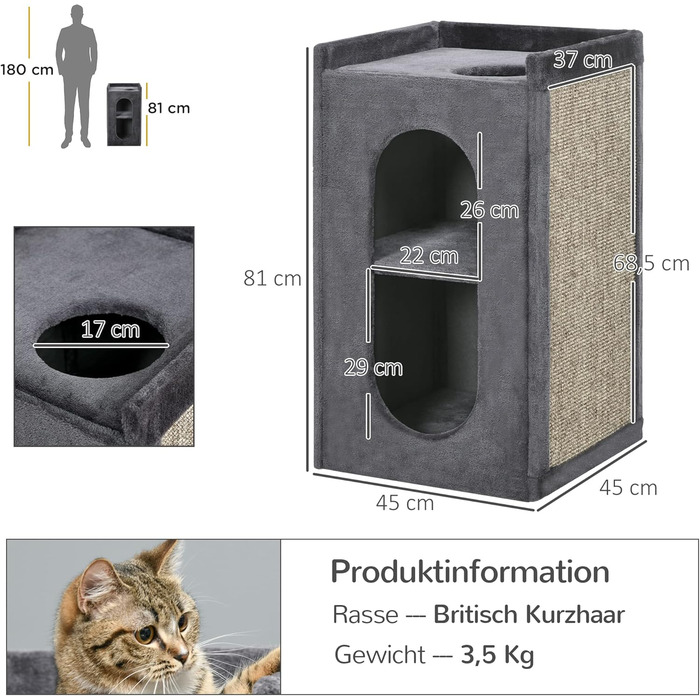 PawHut кігтеточка для котів, 81 см, кігтеточний тунель з 2 печерами, з драбиною та ігровим майданчиком, для котів до 6 кг, темно-сіра