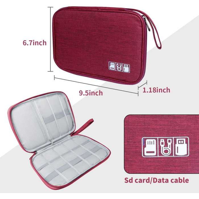 Органайзер для кабелів та аксесуарів для подорожей: кейс для кабелів, зарядних пристроїв, SD-карт та іншої електроніки (A-wine, червоний)