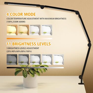 LED лампа для столу AILBTON з кліпсою, гнучка 4-секційна з 3 джерелами світла, 4 колірні температури та 5 рівнів яскравості, захист очей для дому та офісу
